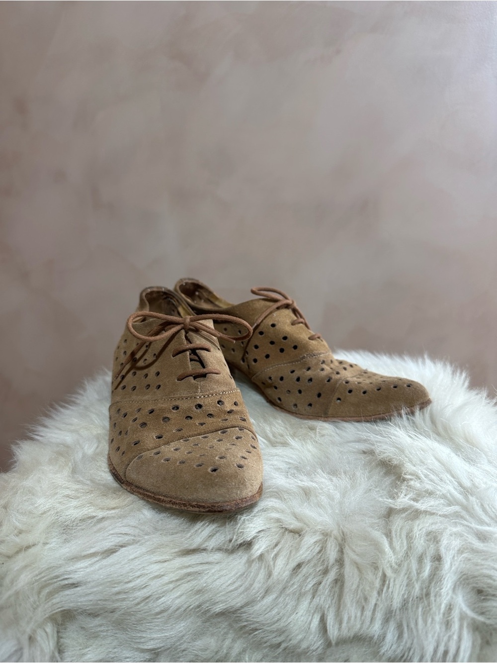 John Fluevog Audrey Women's Tan Suede Perforated Lace-Up Oxfords